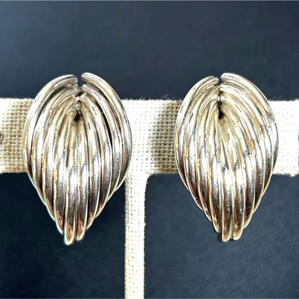 Sterling Silver 925 Curved Geometric Leaf Shaped Modernist Stud Earrings 1.25"